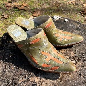 Y2K Frye Western Heeled Mules Women’s Size 8M Green Genuine Leather Boho